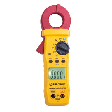 Photo of Pro-Trade PT-CM1 clamp meter with test leads connected, backlit screen visible and protective zippered carry case beside it.