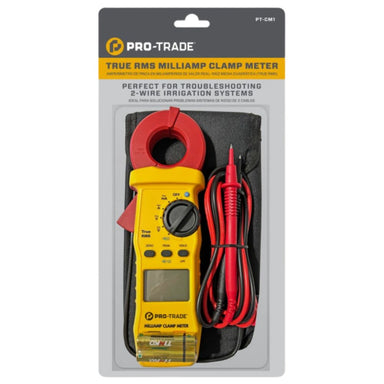Pro-Trade PT-CM1 True RMS clamp meter displayed with backlit LCD, jaw clamp open, included test leads and zippered carry case.