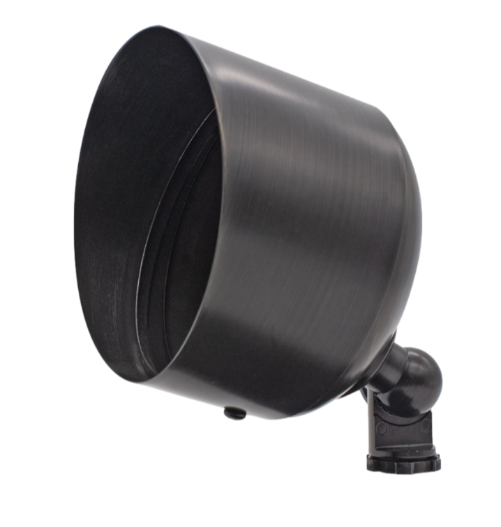 Front-angle product photo of Pro-Trade FL3 PAR36 flood light in brass finish; cast-brass housing with adjustable yoke and no lamp installed.