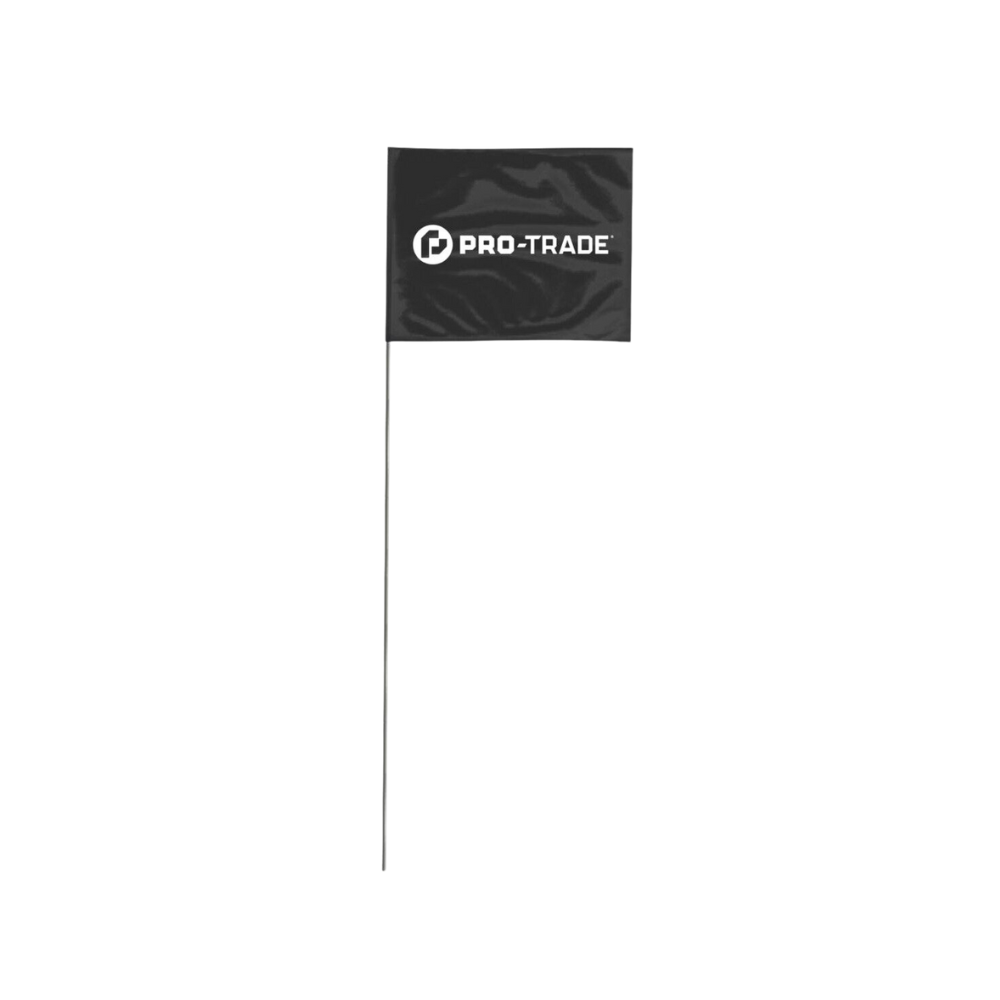 Pro-Trade black marking flags (4 x 5 in) on 21 in high-carbon steel staffs; 100 per bundle, shown on a white background for product detail.