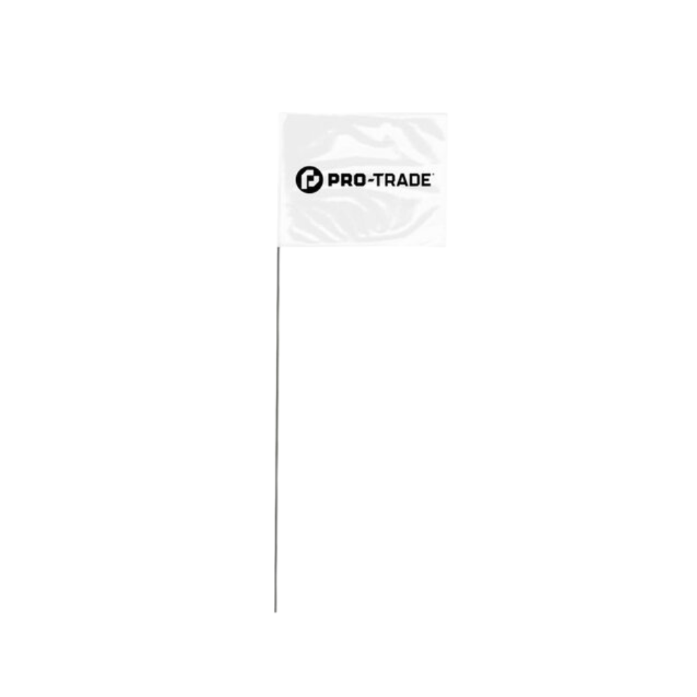 Pro-Trade white marking flags (4 x 5 in) mounted on 21 in steel staffs; bundle of 100 flags displayed for size and construction reference.