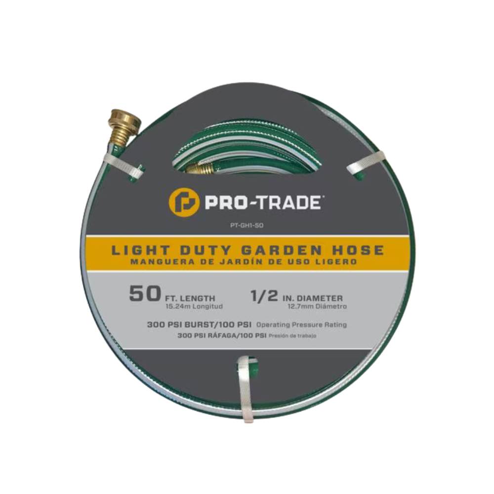 Coiled Pro-Trade Light Duty Garden Hose on white background showing 50 ft length, 1/2 in diameter and 3/4 in brass couplings, product label visible.