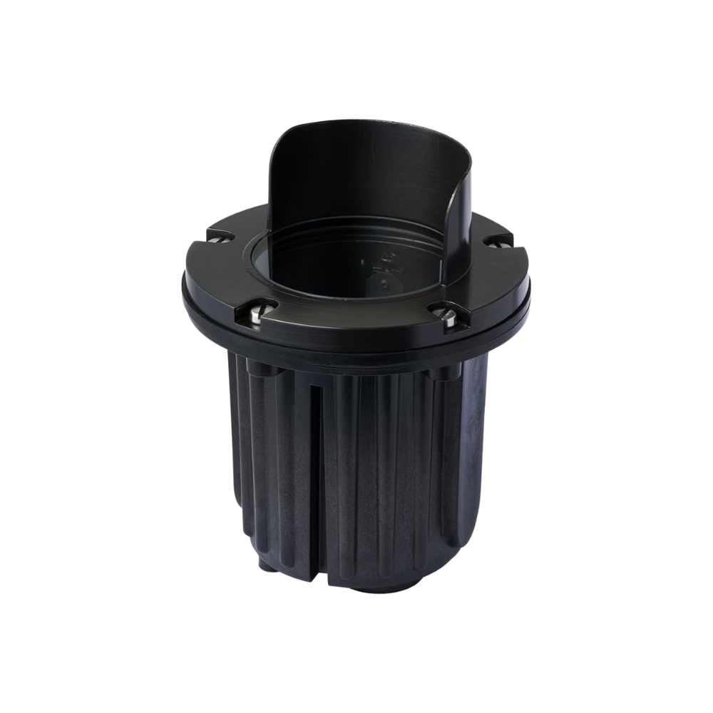 Pro-Trade IG4/IG3 in-ground light variant, antique brass shroud cover with composite housing, angled view showing cover style and finish for landscape installation (product image).