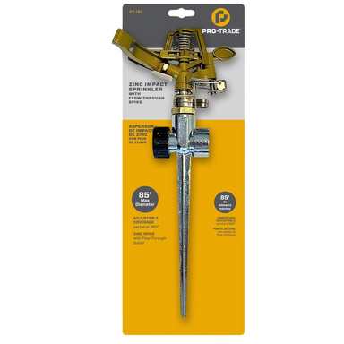 Pro-Trade PT-IS1 zinc impact sprinkler shown from front angle with zinc head, brass nozzle and ground spike visible on white background.