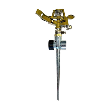 Side view of Pro-Trade PT-IS1 impact sprinkler highlighting zinc spike, brass nozzle and adjustable deflector for range control.