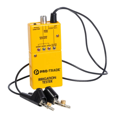 Pro-Trade PT-TES1 handheld irrigation tester showing main unit, display, insulation-piercing clips, and connecting leads.