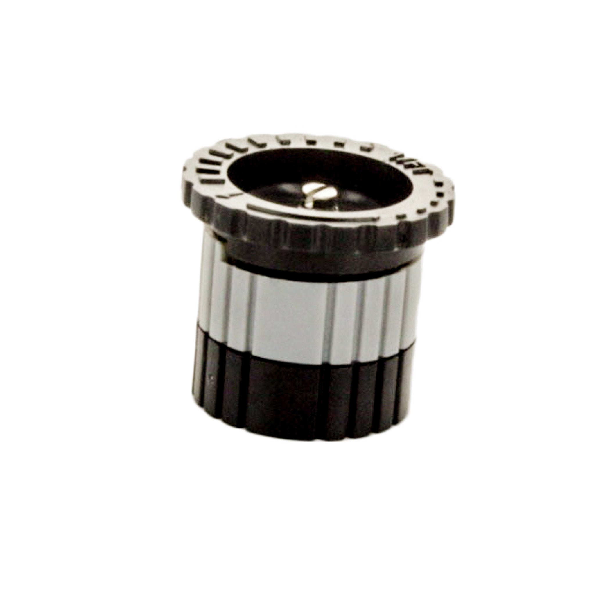 Grey-capped PRO-VAN17 variable arc nozzle shown with visible left-stop arrow and threaded base to illustrate riser compatibility.