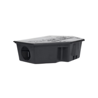 Open interior view of PROTECTA LP bait station (LP2625) showing bait securing rods, one-piece liner, and access area for the 2-prong key.