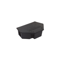 Front view of PROTECTA LP triangular low-profile black bait station (LP2625), showing closed lid, exterior triangular profile, and locking slot.
