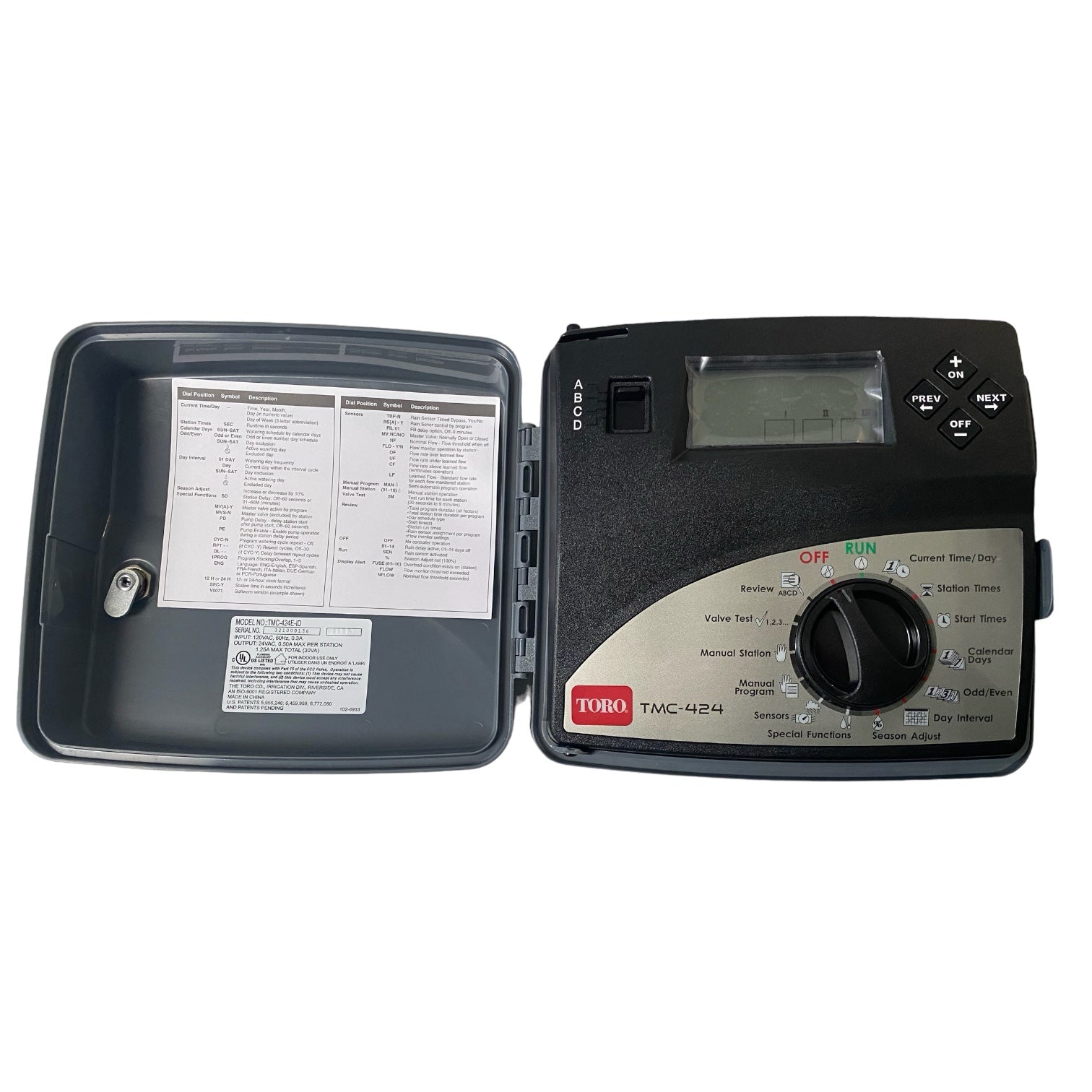 Front view of Toro TMC-424E-ID indoor modular controller showing control dial, LCD, and module bays for expansion and operation.