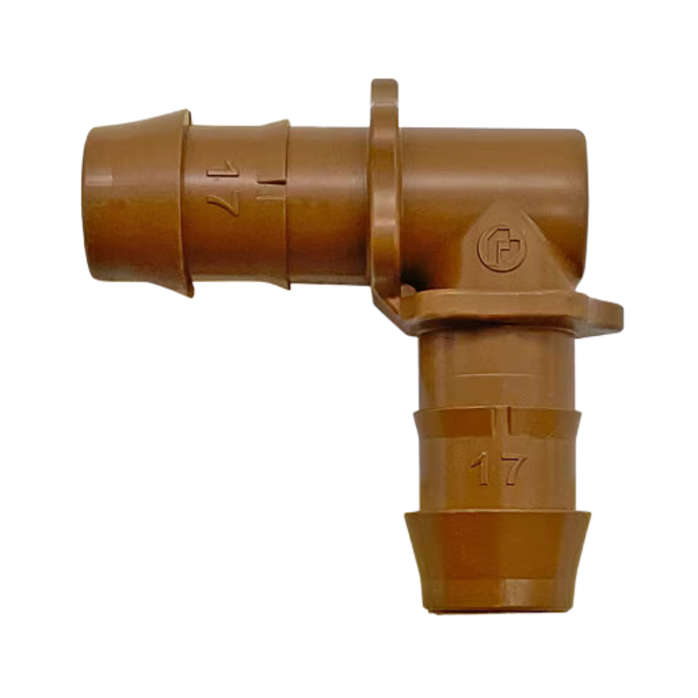Group of 25 Pro-Trade 17mm drip elbow fittings on white background; black UV-resistant plastic, angled product view.