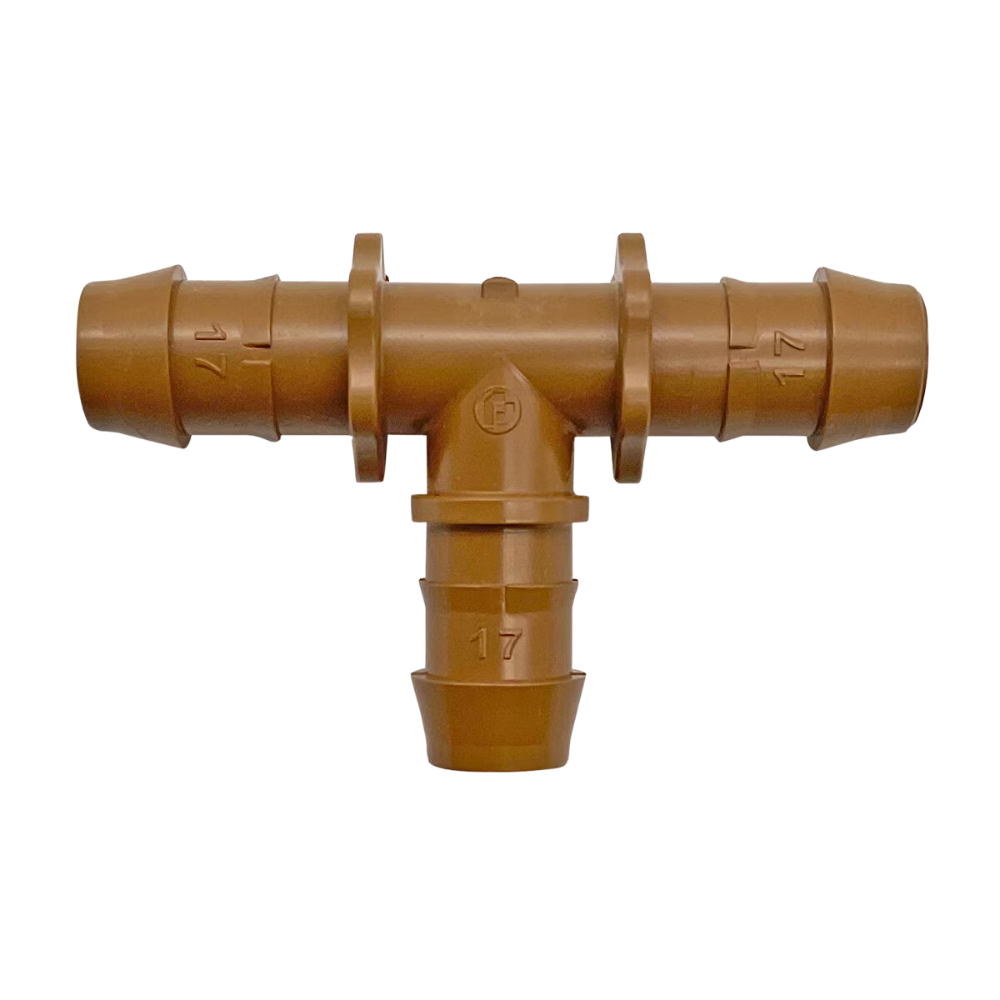 Pro-Trade 17mm drip tee fitting in black UV-resistant resin with multi-barb profile; 25 pieces per bag, for 17mm irrigation tubing and fittings.