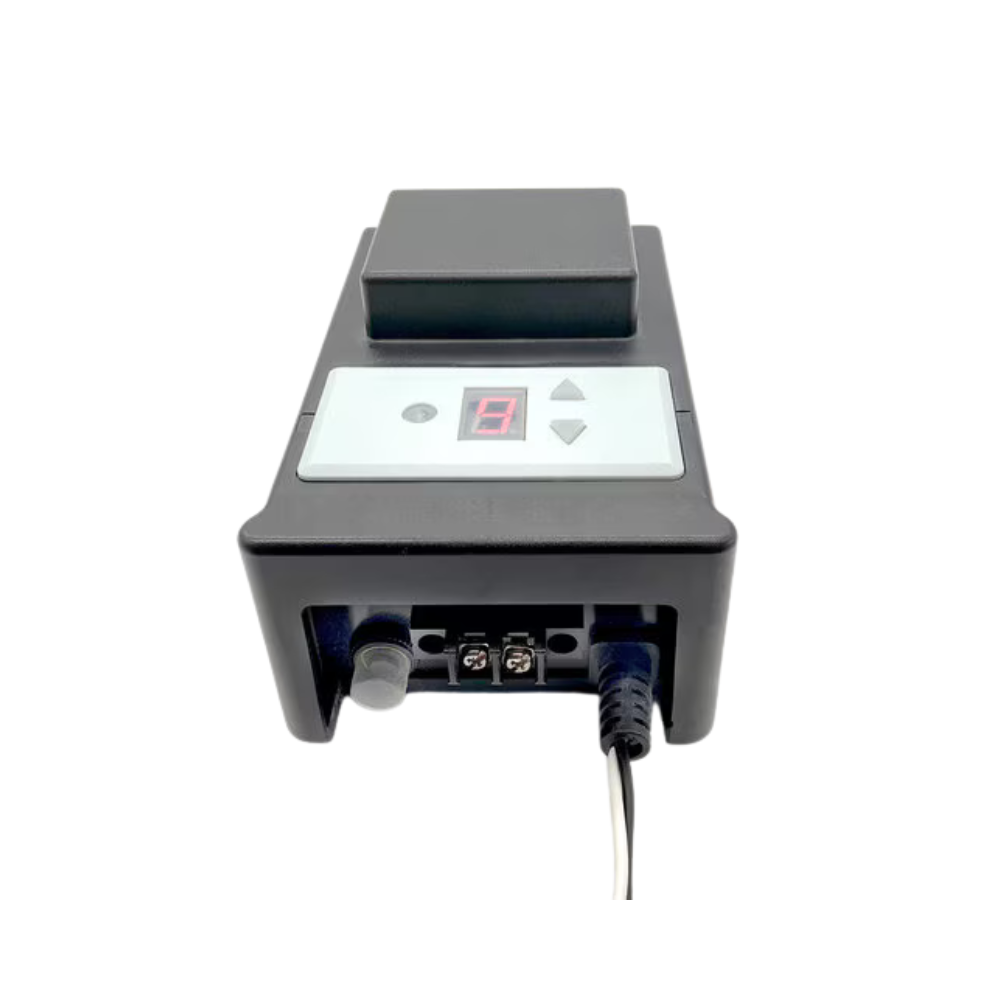 Pro-Trade PT-TR2-100PC 100W polycarbonate transformer showing digital timer and photocell module.