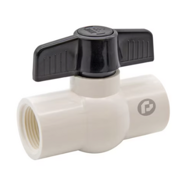 Angle view of Pro-Trade PVC economy ball valve (threaded): white PVC body with threaded ends, black cap and red lever handle, studio background.