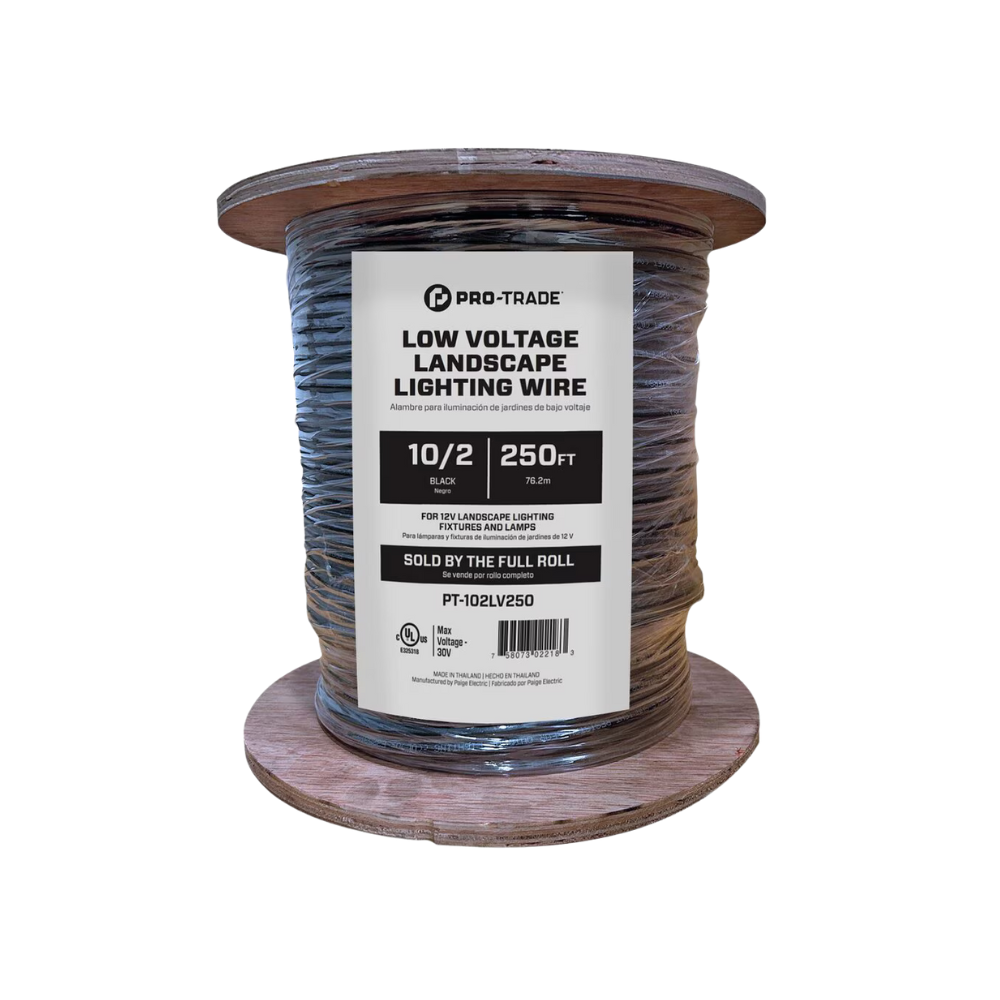 Coiled Pro-Trade 10 AWG low-voltage 2-conductor wire, black PVC jacket, labeled for heavy-duty landscape lighting runs.