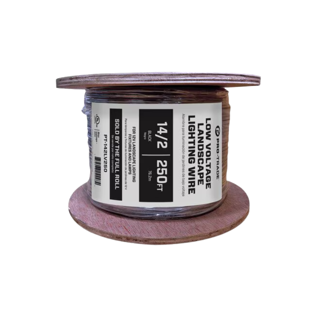 Pro-Trade 14 AWG low-voltage 2-conductor roll, black jacket, shown with marking and length information for short runs.