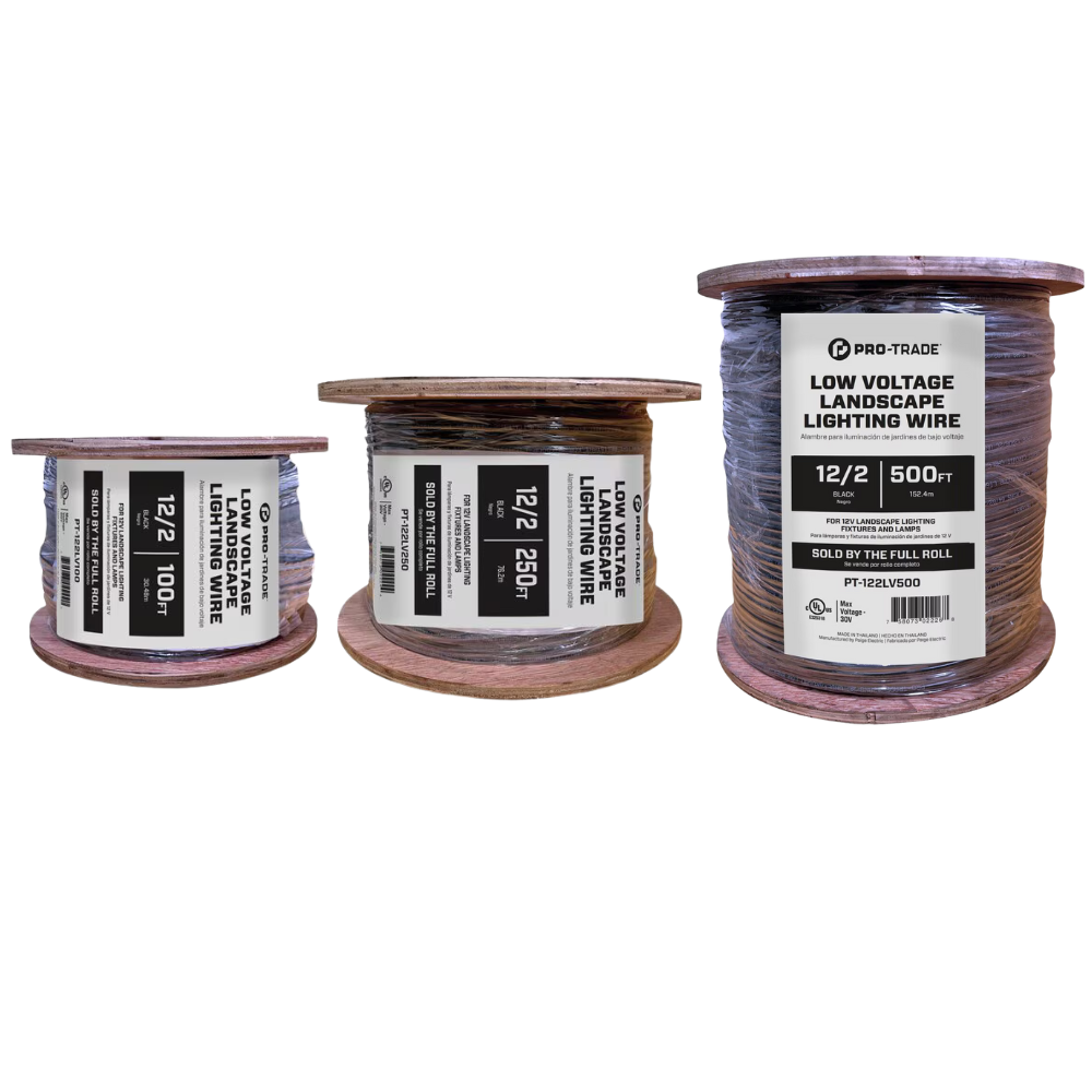 Coiled black Pro-Trade low-voltage 2-conductor lighting wire on a roll labeled PT-122LV100, suitable for direct-burial landscape lighting installations.