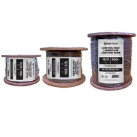 Coiled black Pro-Trade low-voltage 2-conductor lighting wire on a roll labeled PT-122LV100, suitable for direct-burial landscape lighting installations.