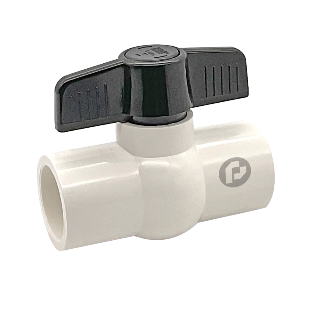 Front view of Pro-Trade PVC economy ball valve (solvent): white PVC body, black cap and red lever handle, clear product detail on white background.