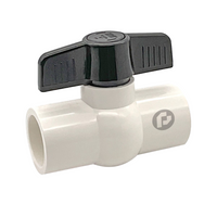 Front view of Pro-Trade PVC economy ball valve (solvent): white PVC body, black cap and red lever handle, clear product detail on white background.