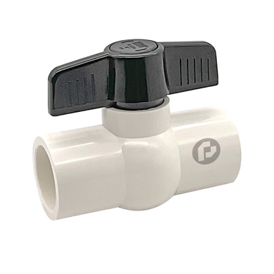 Front view of Pro-Trade PVC economy ball valve (solvent): white PVC body, black cap and red lever handle, clear product detail on white background.