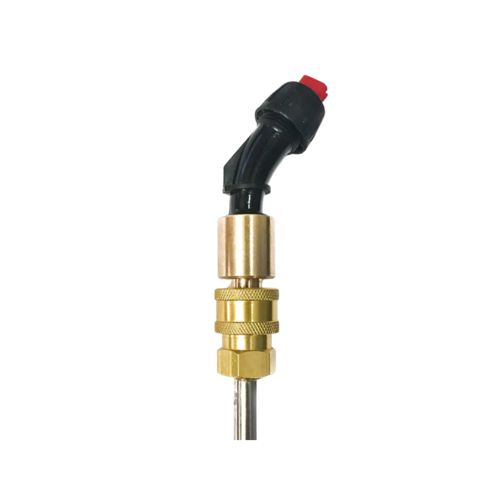 FlowZone quick-connect to TeeJet nozzle adapter kit with 110° fan nozzle attached, front view on white background showing adapter and nozzle.