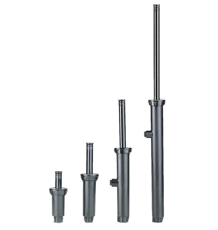 Rain Bird 1800 Series overview image showing multiple pop-up heights, nozzle options, and configuration choices for turf and planting areas, top view.