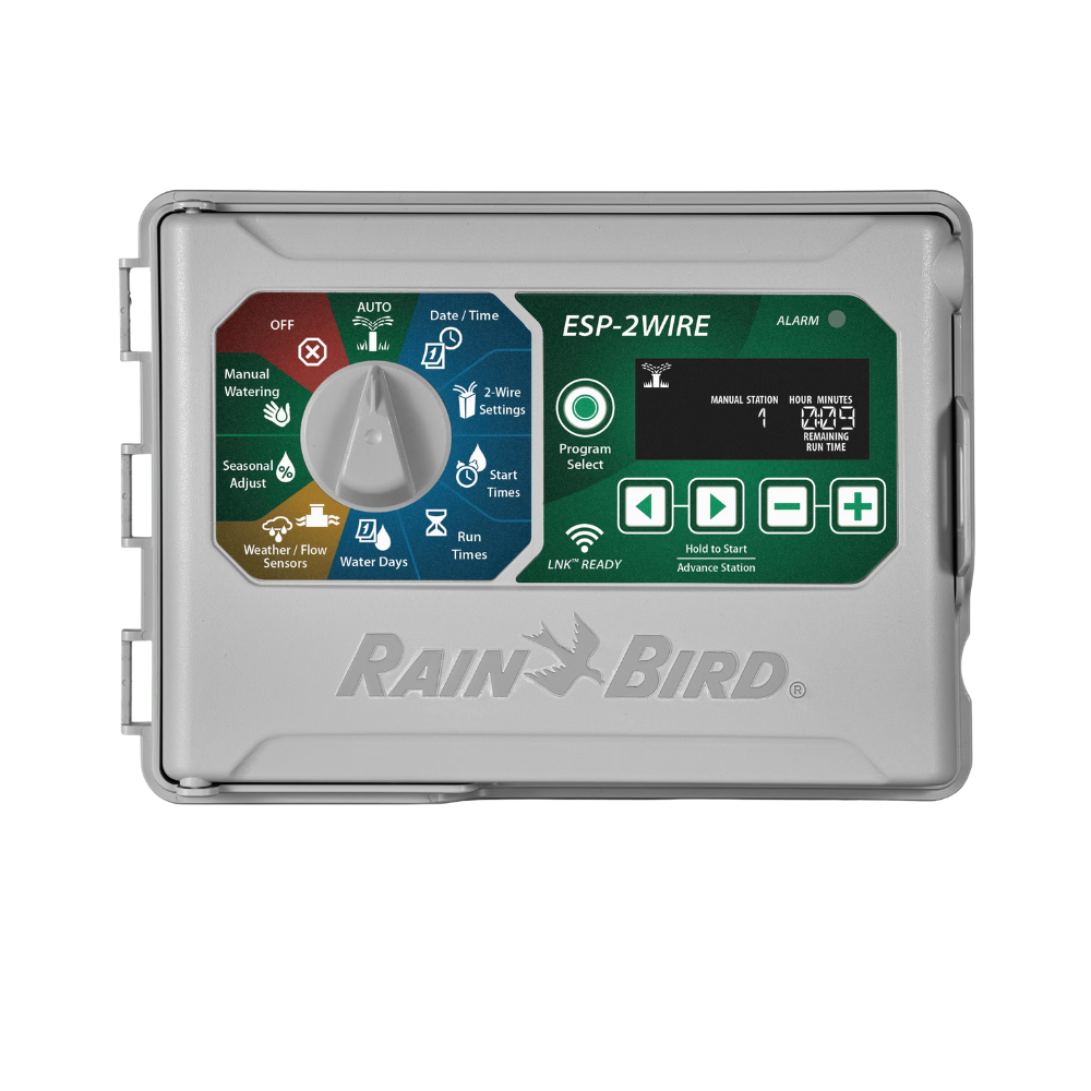 Front view of Rain Bird ESP-2WIRE 50-station 2-wire irrigation controller in plastic cabinet with closed door and label.