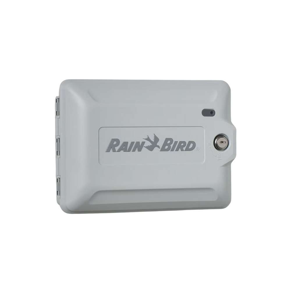 Rain Bird ESP-2WIRE controller showing the large backlit LCD, control keypad, and accessible front panel for programming and manual operation.