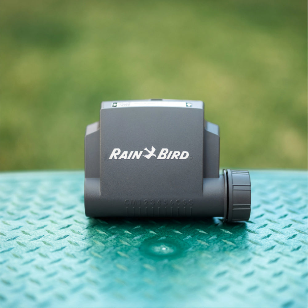 Front view of Rain Bird ESP-BAT-BT 1-station Bluetooth battery-operated irrigation controller showing the compact weatherproof case.