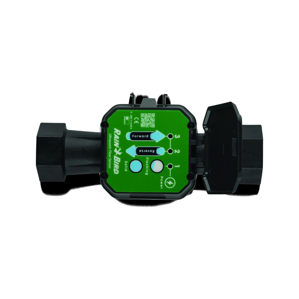 Front and side view of Rain Bird UFS200 2-inch NPT ultrasonic flow sensor showing the glass-filled nylon body, mounting threads, and wiring port.