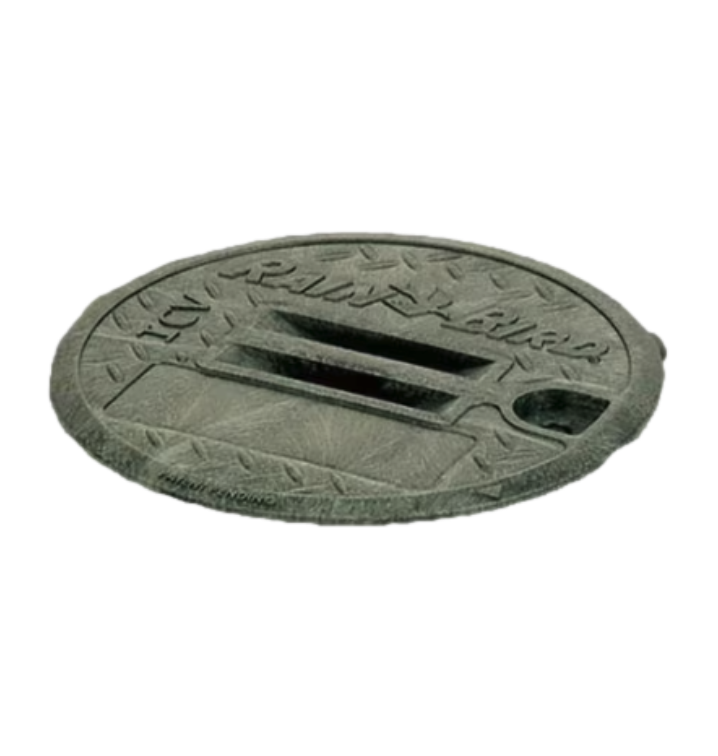 Green Rain Bird VB10RNDL 10-inch round valve box lid with beveled edge, shovel access slot, and visible pipe knock-outs for installation
