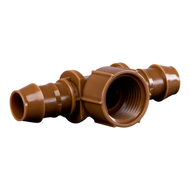 Angled product image of Rain Bird XFFTFA050 tee adapter highlighting the barb geometry, 17mm tube connections, and half-inch FPT inlet in tan color.
