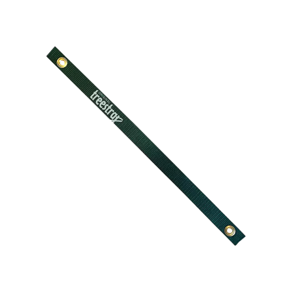 Green Treestrap polypropylene tree strap 12 in x 1 in with eyelet grommet visible, highlighting non-stretch woven material and color option.