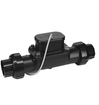 Rain Bird FG100 flow sensor front view showing 1-inch NPT threaded union, plastic body and paddle-wheel housing, wired connection.