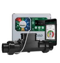Top and side view of FG100 flow sensor with 1 in. inlet/outlet and union connections, highlighting compact profile and mounting orientation.