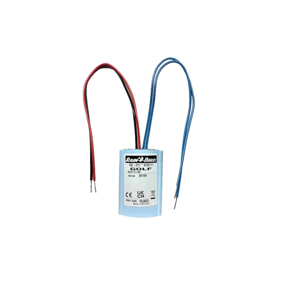 Rain Bird SD211TURF turf sensor decoder in weatherproof enclosure, compact two‑wire connections, labeled SD211TURF for flow sensor systems.