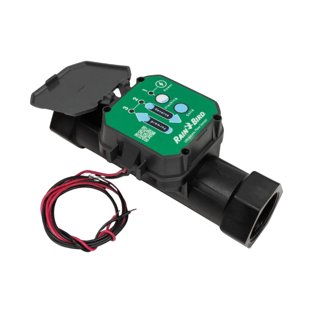 Product shot of Rain Bird UFS series ultrasonic flow sensor (UFS100/UFS150), showing sensor housing, threads, and mounting detail.