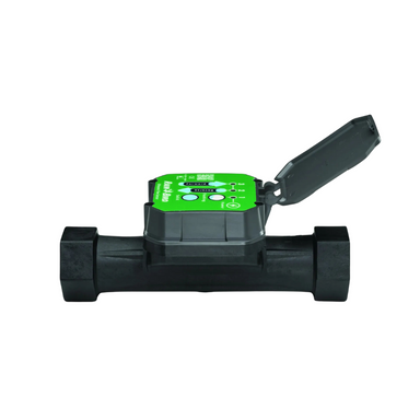 Rain Bird UFS200 ultrasonic flow sensor product image installed near a valve box; LED diagnostic indicator and cable connection visible.