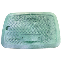 Top view of Rain Bird VB-STD-L green rectangular valve box lid showing beveled edges, shovel-access slot, and bolt-hole knock-out for removal and security.