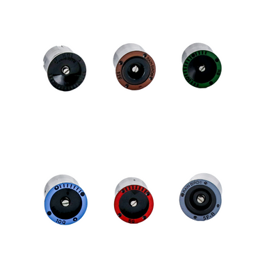 Illustration of Rain Bird MPR Series fixed-pattern spray nozzles showing multiple radii, top color-coding, and model range for landscape irrigation (detailed view).
