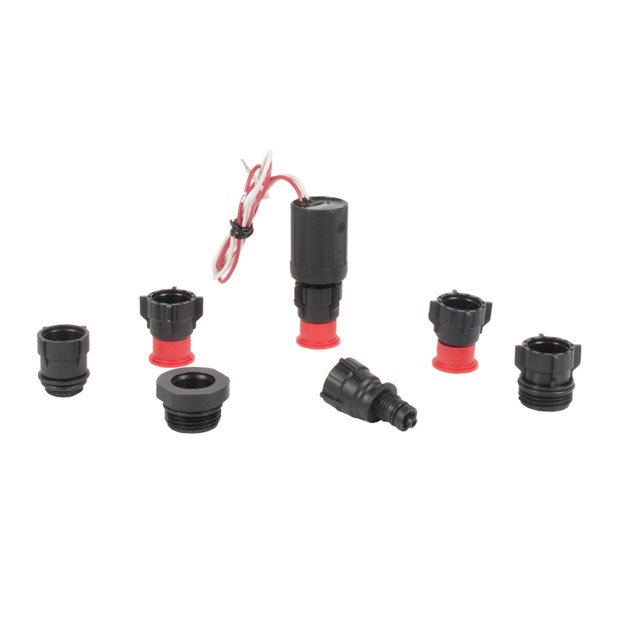 Front view of DIG S-305DC DC latching solenoid with adapter options, 11/16"-12 thread and sealed glass-reinforced nylon housing.