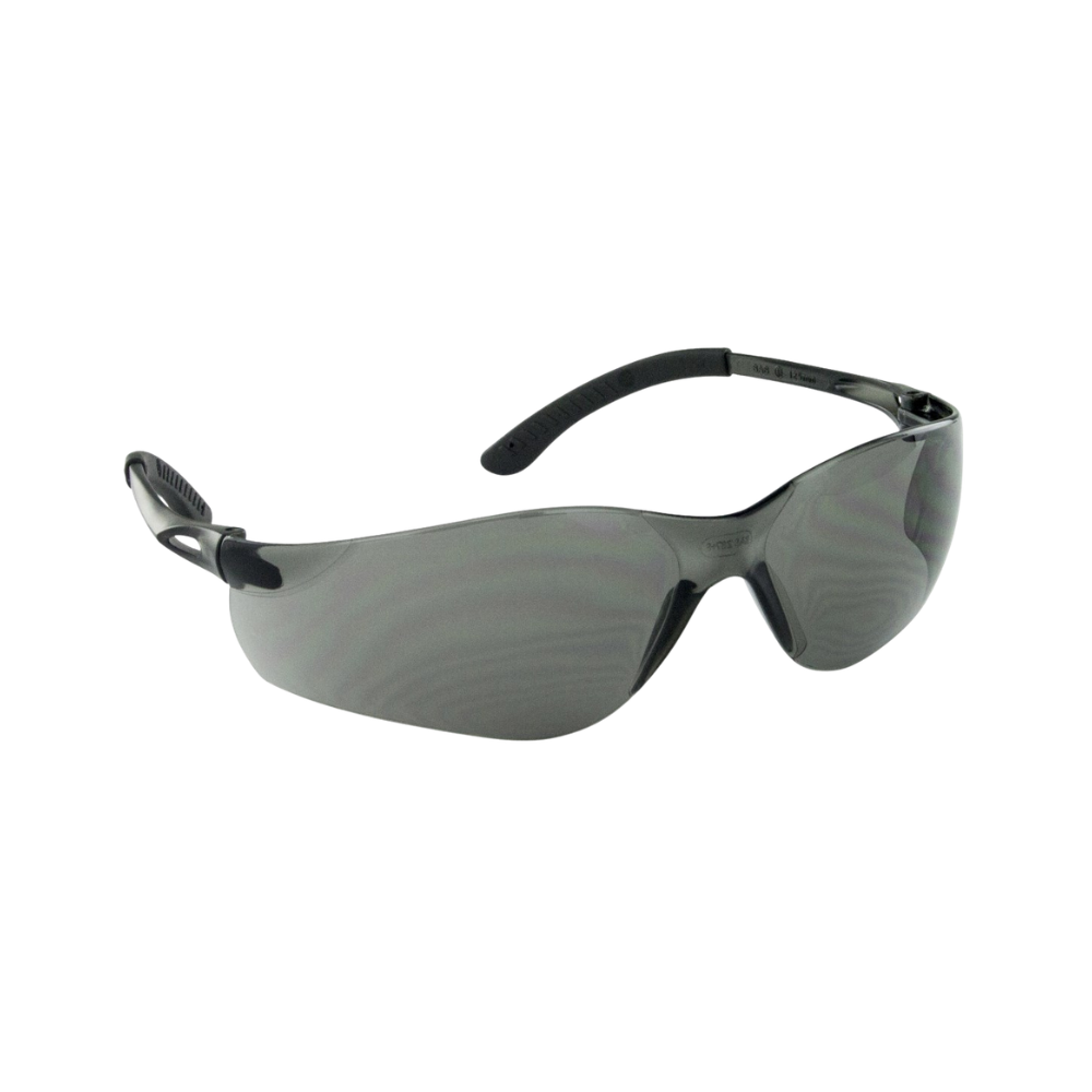 SAS NSX Turbo safety glasses close-up of black frame and gray lens, meets ANSI Z87.1-2015 label