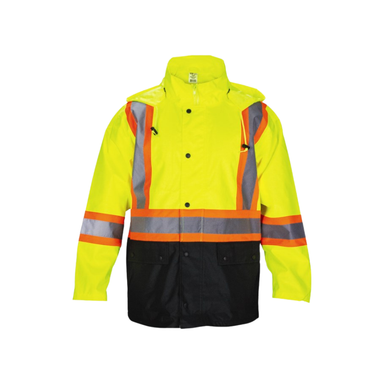 Front view of SAS Hi-Viz yellow rain jacket with black bottom, 2-inch two-tone reflective trim, detachable hood and two-way zipper.