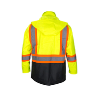 Detail view of jacket showing reflective tape placement, snap-closure storm flap, and breathable mesh lining of the SAS Hi-Viz rain jacket.