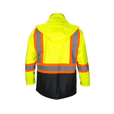 Detail view of jacket showing reflective tape placement, snap-closure storm flap, and breathable mesh lining of the SAS Hi-Viz rain jacket.