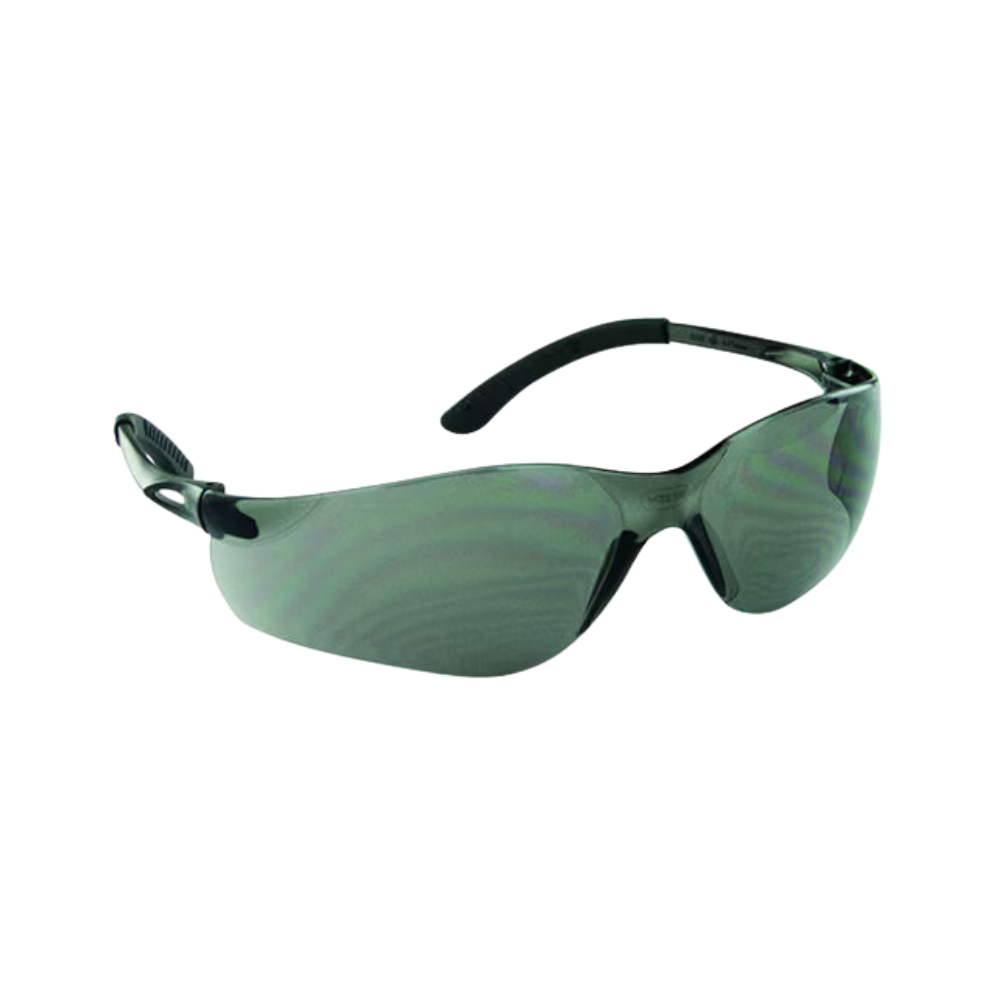 SAS NSX Turbo safety glasses angled view — black frame, gray lens