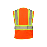 Angled view of SAS Class 2 high-visibility vest in orange with two-tone contrasting trim, multiple external pockets and 2-inch reflective tape on breathable polyester mesh (product).
