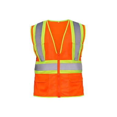 Front view of SAS orange Class 2 hi-visibility safety vest showing 2-inch silver reflective tape, flame-retardant polyester mesh, front zipper and chest pockets (product).