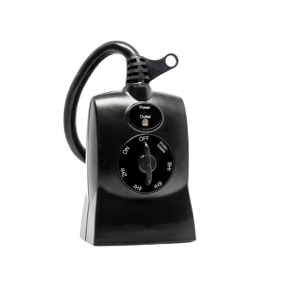 Seasonal Source TIME-300 heavy-duty outdoor photocell timer with two grounded outlets and weather-resistant housing.